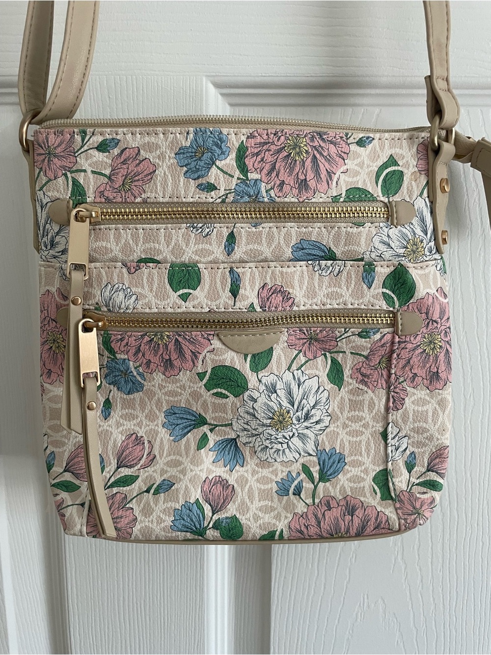 Floral Crossbody Bag - Beige/Pink/Green